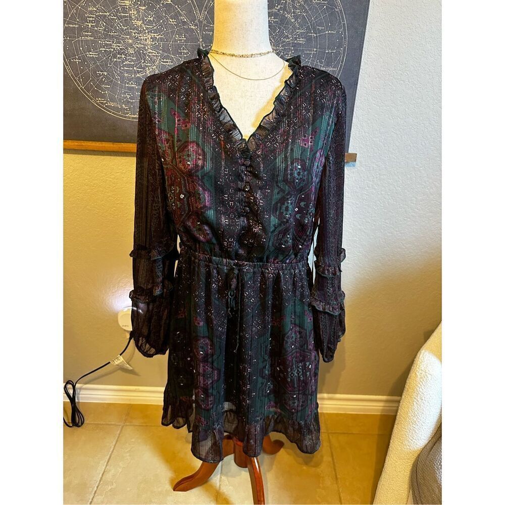 NWT Frye & Co Floral Button Smocked Long Sleeve Ruffle Dress Women Size Large
